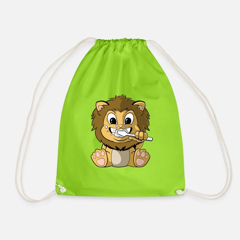 Brushing Teeth Lion Teeth Brushing - Drawstring Bag - neon green