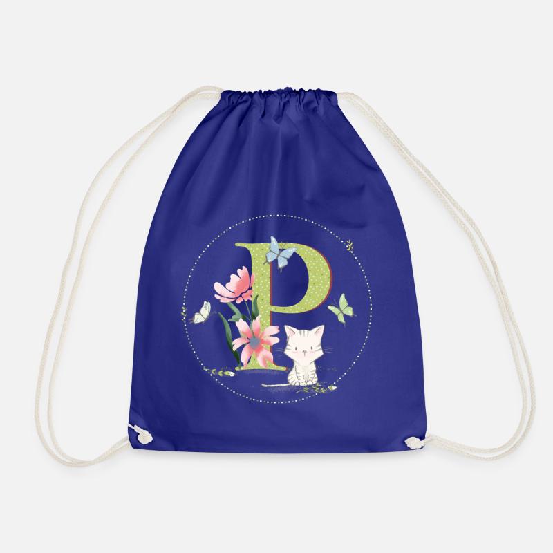 Initial letter P with cat - Drawstring Bag - royal blue