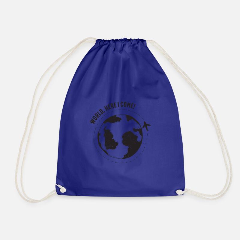 WORLD, HERE I COME! - Backpacker & Traveler design - Drawstring Bag - royal blue