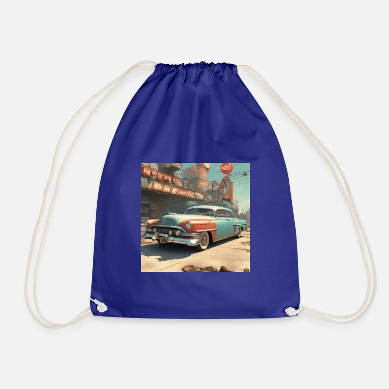 retro-futurism,1950s,lowpoly,artwork,scetch - Drawstring Bag - royal blue