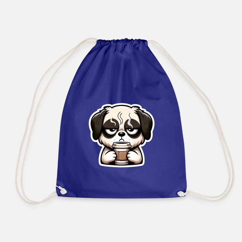 Grumpy dog drinking his morning coffee - Drawstring Bag - royal blue