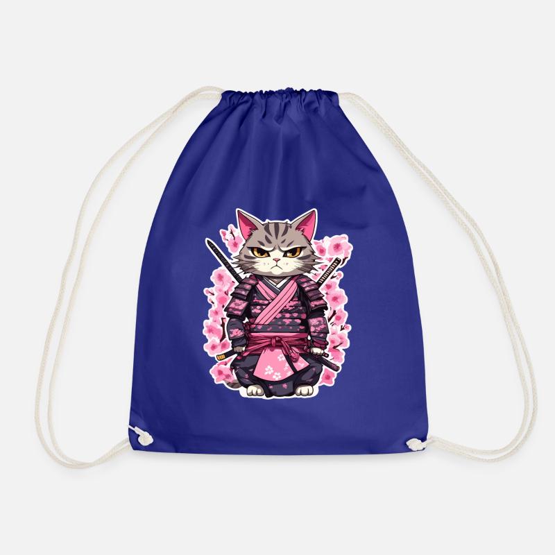 Samurai Cat & Cherry Blossoms #7 - Drawstring Bag - royal blue