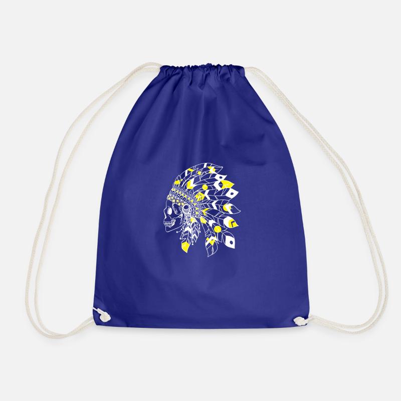 skull with white and yellow Indian headdress - Drawstring Bag - royal blue