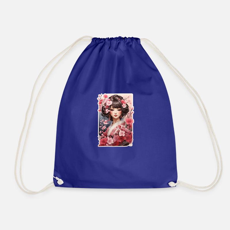 Woman in kimono with cherry and plum patterns - Drawstring Bag - royal blue