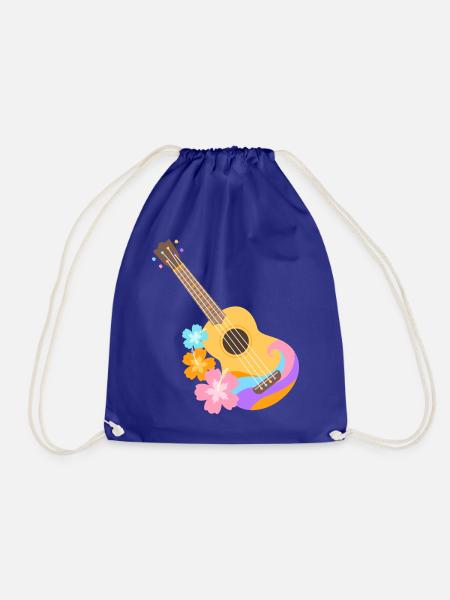 Colorful Ukulele Wave Pattern with Hibiscus Flowers - Drawstring Bag - royal blue