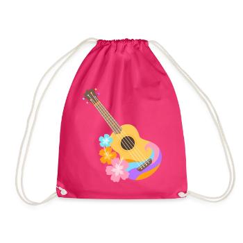 Colorful Ukulele Wave Pattern with Hibiscus Flowers - Drawstring Bag - fuchsia - Front