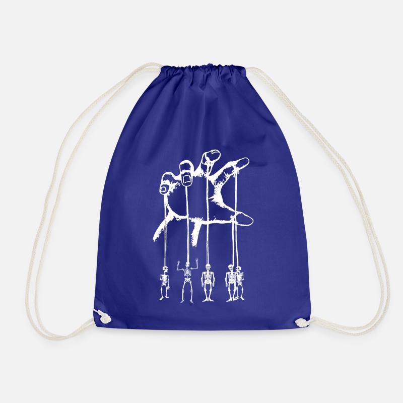 Skeleton marionettes on a hand pulling string over white - Drawstring Bag - royal blue
