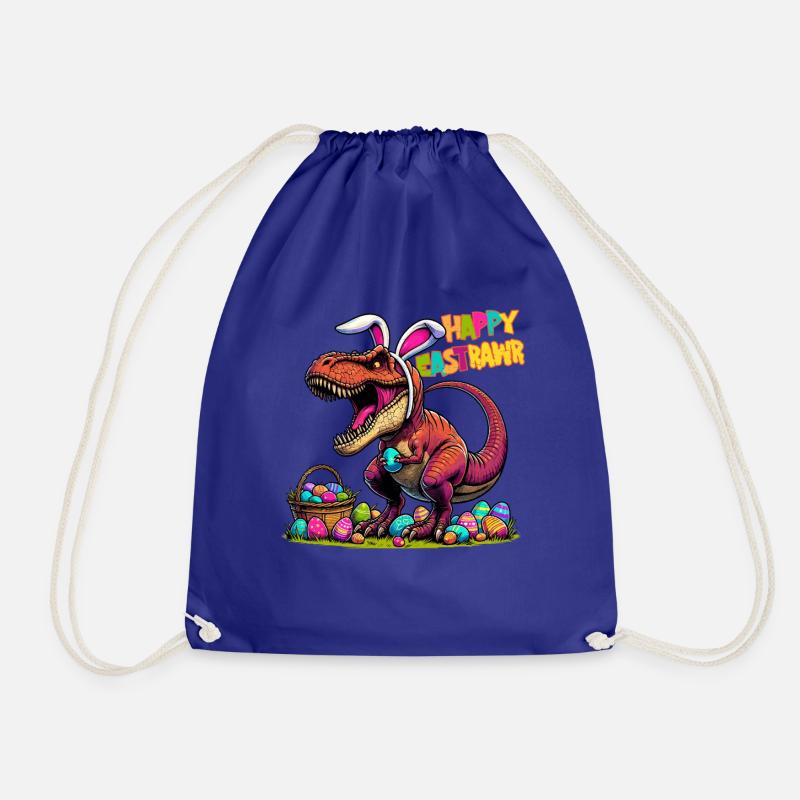 Dinosaur Trex Boys Easter Basket Easter Bunny Merry - Drawstring Bag - royal blue