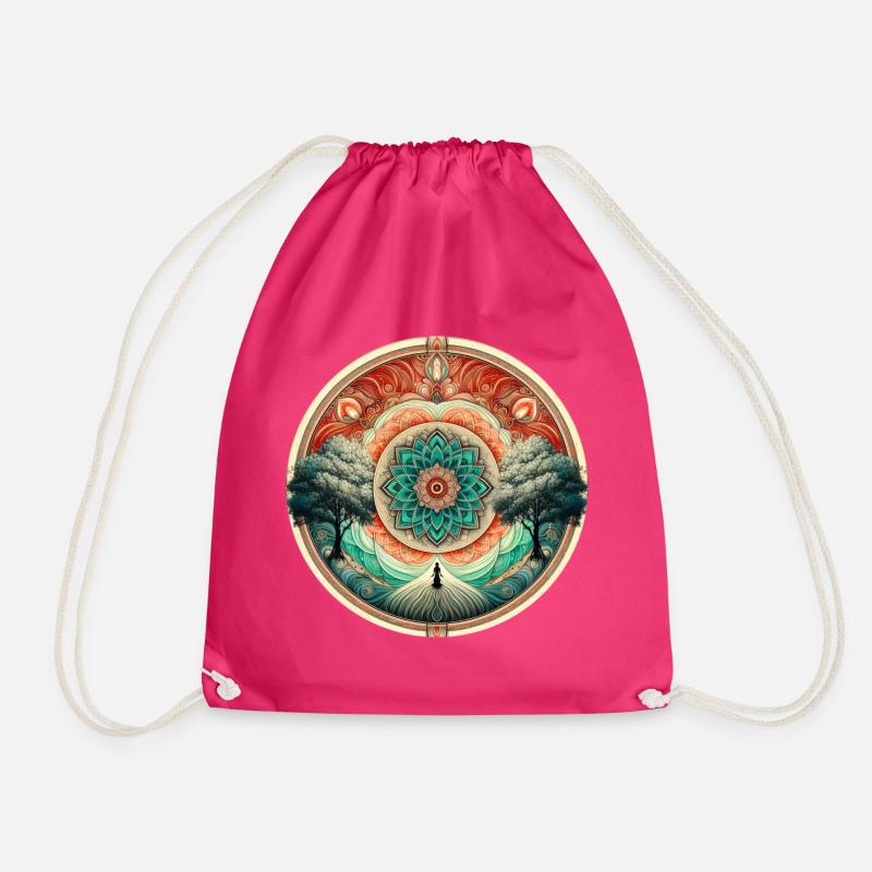 Zen Mandala with Trees and Meditation - Drawstring Bag - fuchsia