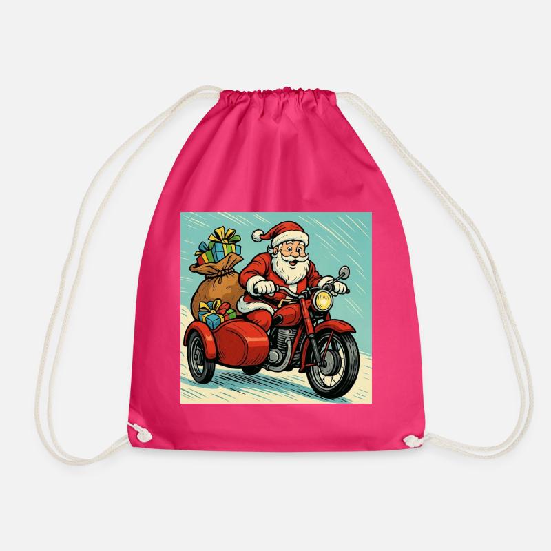Santa Claus on a Motorcycle with Sidecar – Comics Style - Drawstring Bag - fuchsia