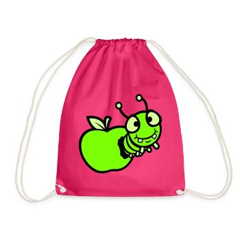 Raupe guckt Apfel Loch Comic lustig süß niedlich - Turnbeutel - Fuchsia - Vorne
