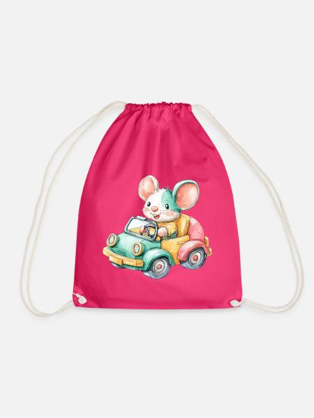 Bunte Maus im Spielzeugauto - Turnbeutel - Fuchsia