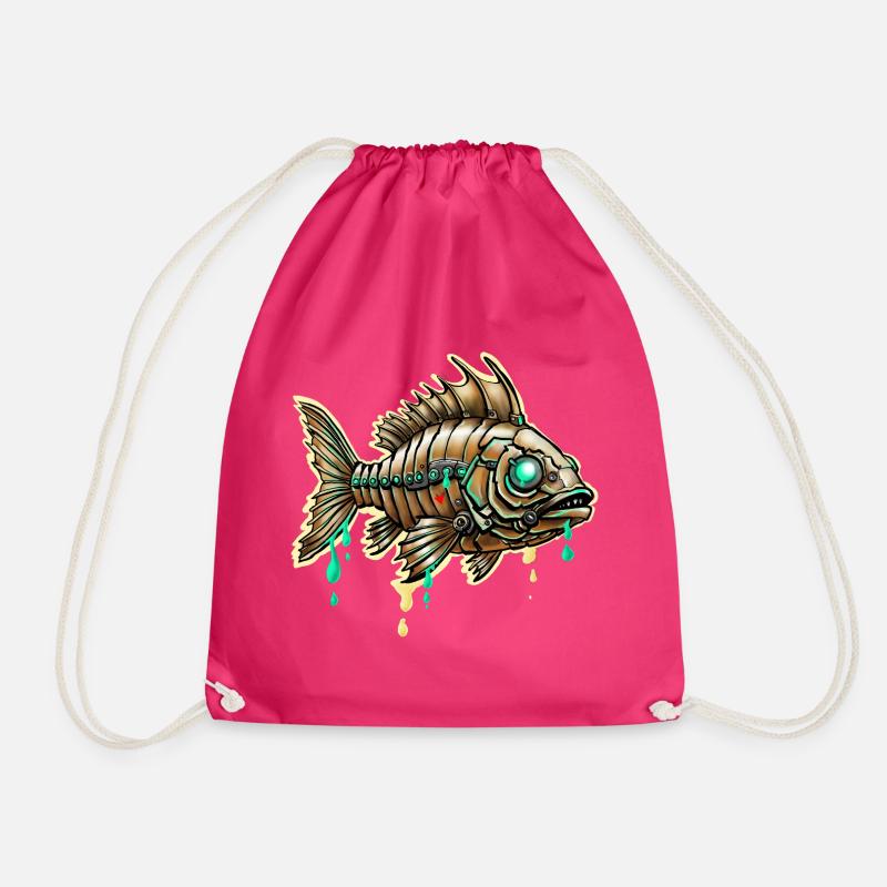 Cybernetic Steampunk Fish - Drawstring Bag - fuchsia