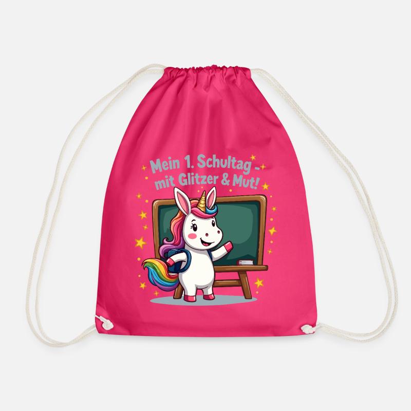 School Unicorn – 1st Grade with Glitter Start - Drawstring Bag - fuchsia
