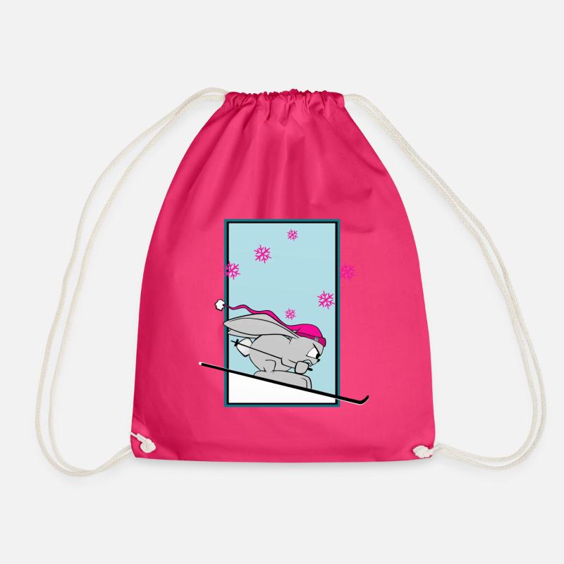 Ski Snow Cute Rabbit Ski Winter Comic Funny - Drawstring Bag - fuchsia