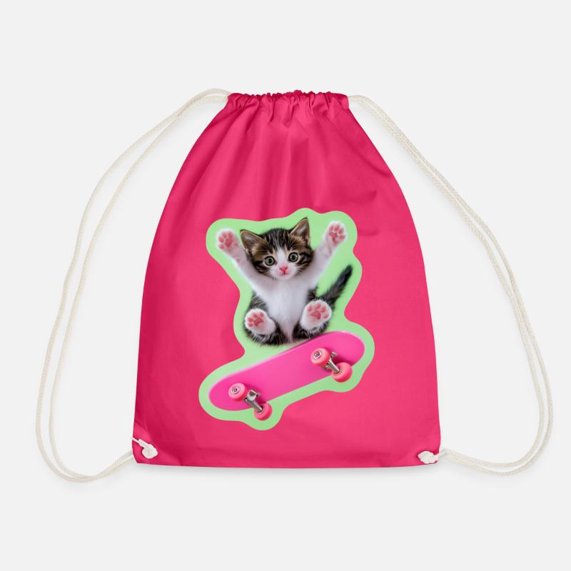 Skater Kitty with pink skateboard - Drawstring Bag - fuchsia