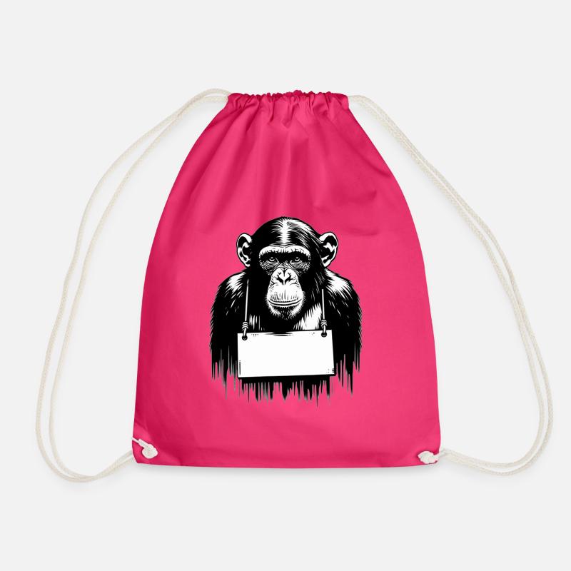 Monkey with Shield in Banksy Style || PERSONALIZE - Drawstring Bag - fuchsia