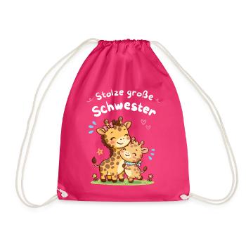 Stolze große Schwester Giraffe – Kleiner Bruder - Turnbeutel - Fuchsia - Vorne