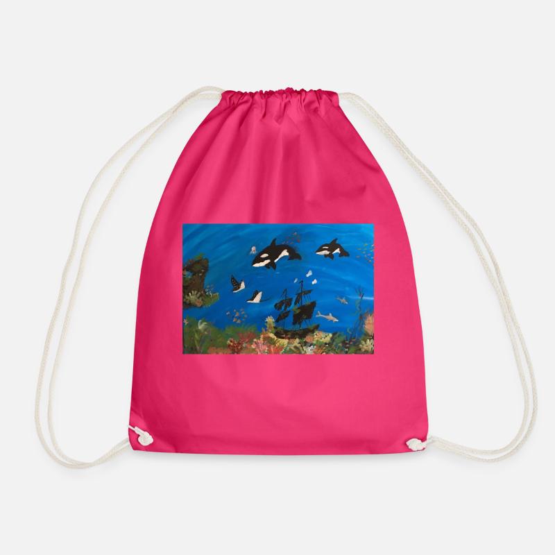Orca, Ocean and Ships - Drawstring Bag - fuchsia