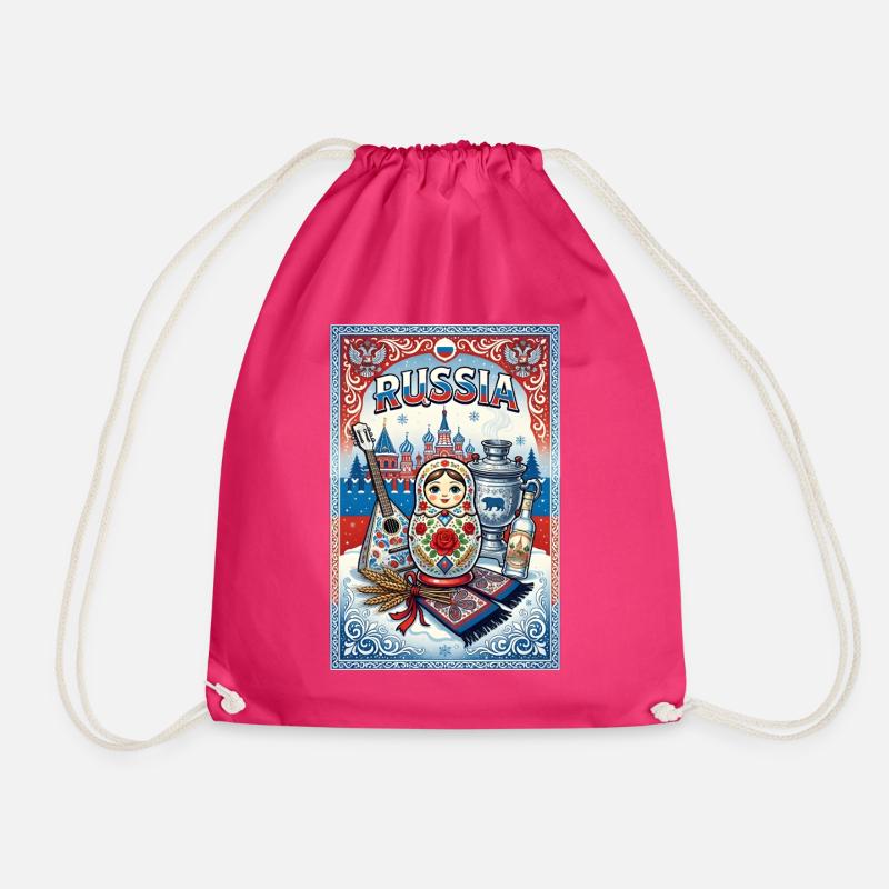 Russian Matryoshka and Samovar - Drawstring Bag - fuchsia