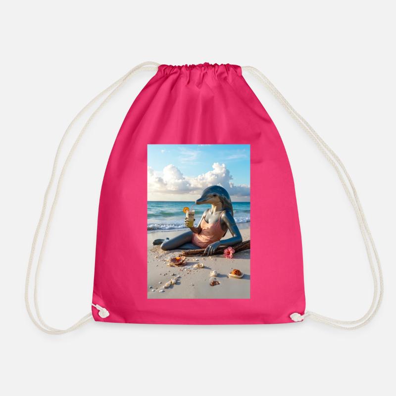 Humanoid Dolphin on the Beach - Drawstring Bag - fuchsia