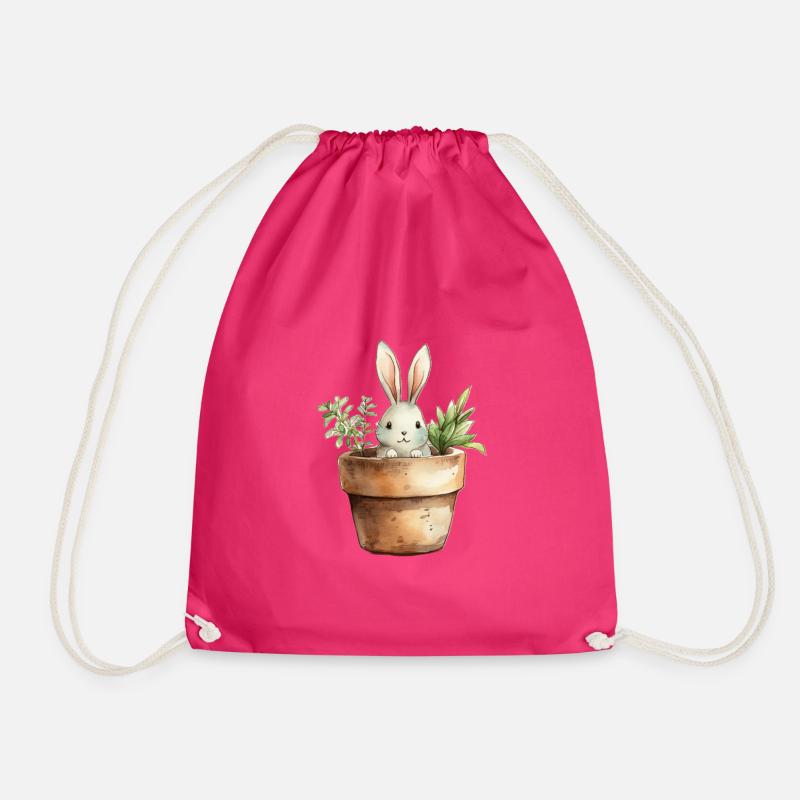 Rabbit in a flower pot - for the rabbit class - Drawstring Bag - fuchsia