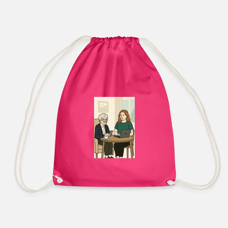 Generations at the table with technology - Drawstring Bag - fuchsia