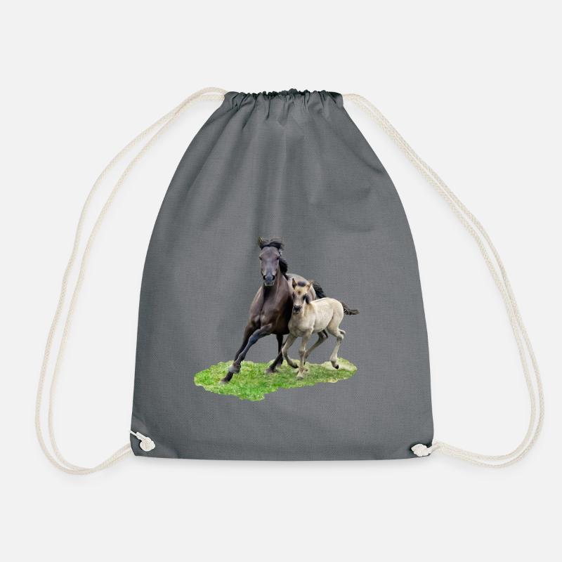Dülmener Wild Horse mare with foal gallops - Drawstring Bag - grey