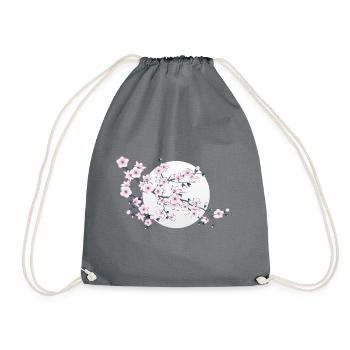 Dusty pink cherry blossom branch full moon - Drawstring Bag - grey - Front