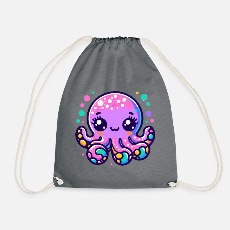 Kawaii Neon Octopus Illustration - Drawstring Bag - grey