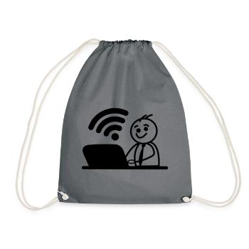Happy young man on laptop wifi sends a message - Drawstring Bag - grey - Front