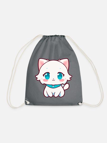 Kawaii Weiße Chibi-Katze – Süße Anime-Katze - Turnbeutel - Grau