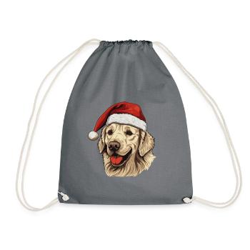 Golden Retriever Dog Head Christmas Portrait - Drawstring Bag - grey - Front