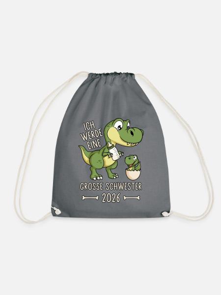 Große Schwester 2026 Dino Baby Ei Dinosaurier - Turnbeutel - Grau