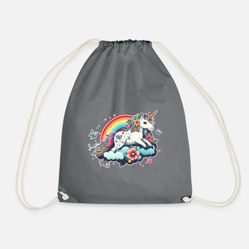 Niedliches Einhorn Regenbogen, Wolke, Kawaii Stil - Turnbeutel - Grau