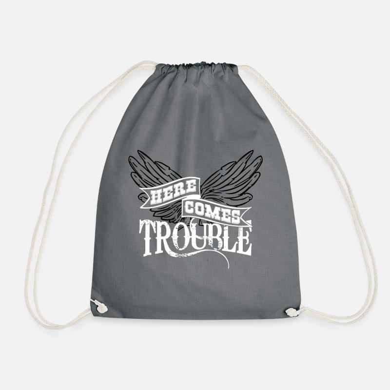 Here Comes Trouble Black - White - Drawstring Bag - grey