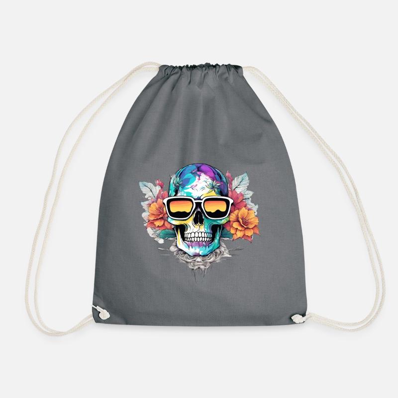 Funky Peace Skull - Skull Sunglasses and Flowers - Drawstring Bag - grey