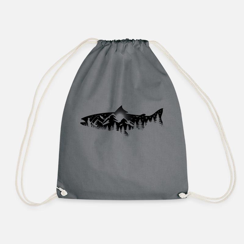 Silhouette trout - angler with landscape - Drawstring Bag - grey