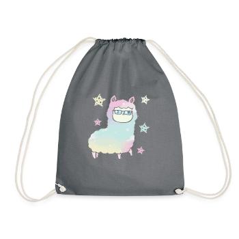 Regenbogen Alpaka Lama mit Brille Geschenkidee - Turnbeutel - Grau - Vorne