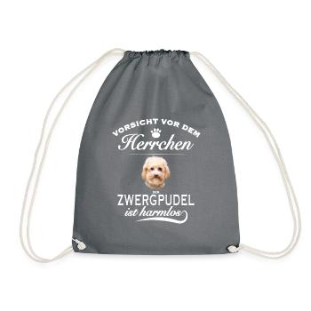 Vorsicht vor dem Herrchen, harmlos - Zwergpudel - Turnbeutel - Grau - Vorne