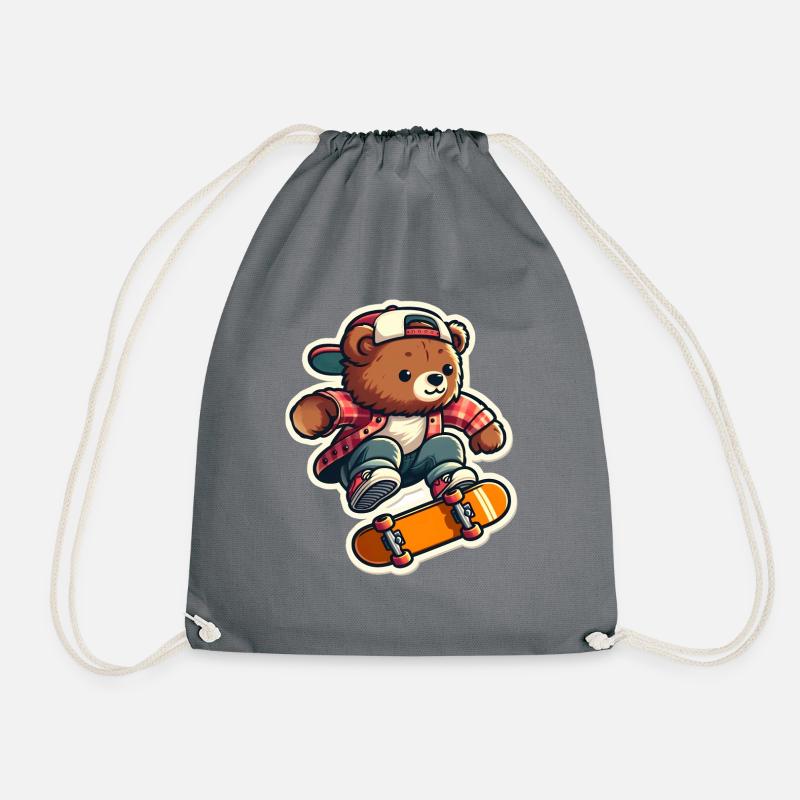Bear Riding Skateboard - Drawstring Bag - grey