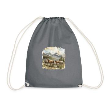 Horses in Front of Mountain Landscape Painting - Drawstring Bag - grey - Front