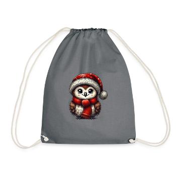 Cute Christmas Owl with Red Hat and Scarf - Drawstring Bag - grey - Front