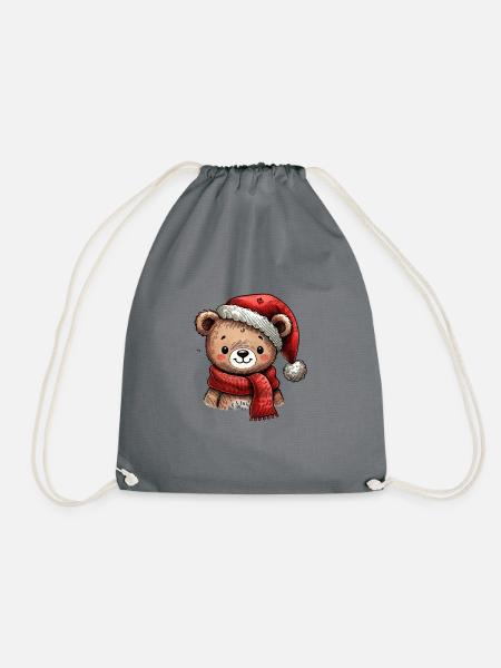 Süßer Weihnachtsbär Mit Mütze Und Schal - Turnbeutel - Grau