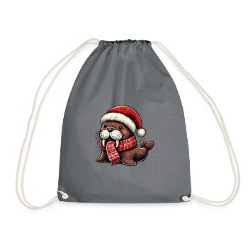 Cute walrus with santa hat and scarf - Drawstring Bag - grey - Front