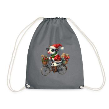 Christmas cow on bicycle with gifts - Drawstring Bag - grey - Front