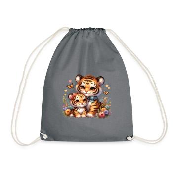 Niedliche Tigerfamilie Mit Blumen Und - Turnbeutel - Grau - Vorne