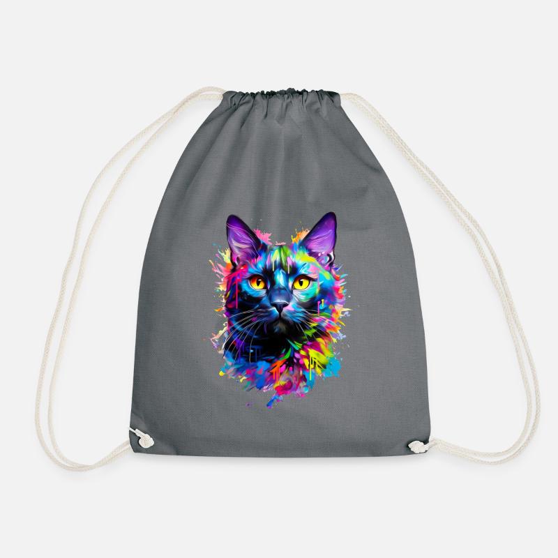 Painted Domestic Black Cat - Drawstring Bag - grey
