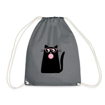 Schwarze Katze mit pinker Brille und Kaugummi - Turnbeutel - Grau - Vorne