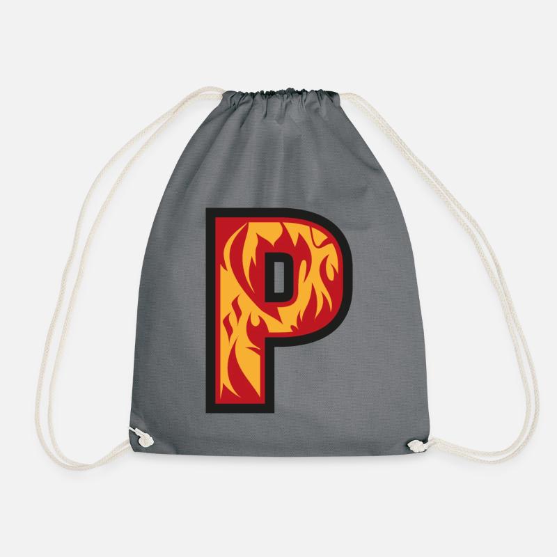 Buchstabe P mit Flammen - Buchstabe mit Feuer 🔥 - Turnbeutel - Grau